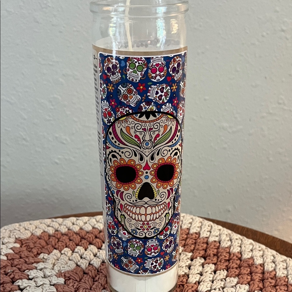 Vibrant Sugar Skull Candle with Blue Floral Design - Picture 4 of 7